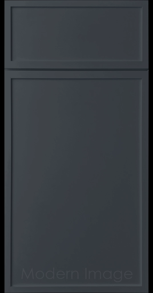 Close-up of a Naval color Arcadia shaker-style cabinet door, featuring slim stile and rail surrounding a flat center panel